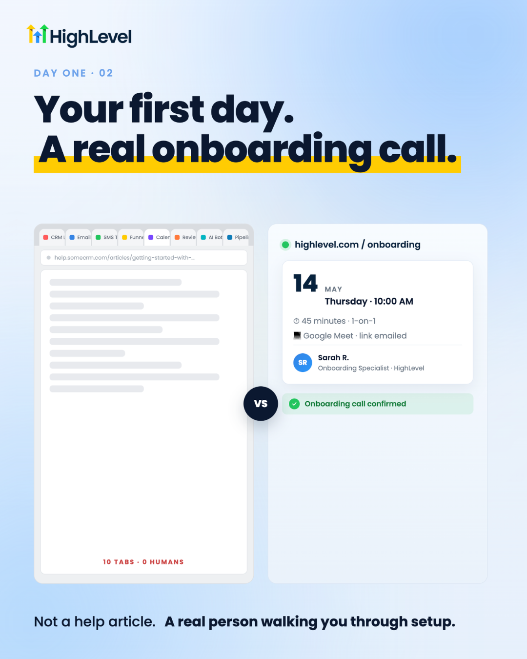 GoHighLevel day-one onboarding call booked with a real onboarding specialist